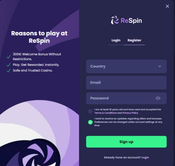 Respin Casino Sign Up Process