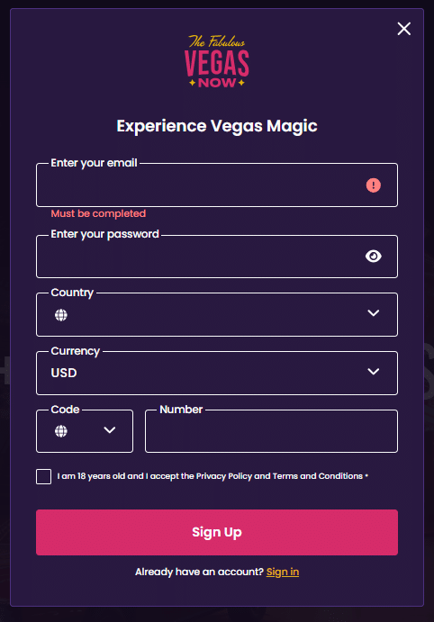 VegasNow Casino Sign-Up Process